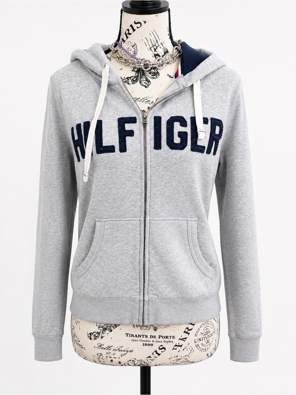 Tommy Hilfiger Light Gray Zip Hoodie with Navy Lettering